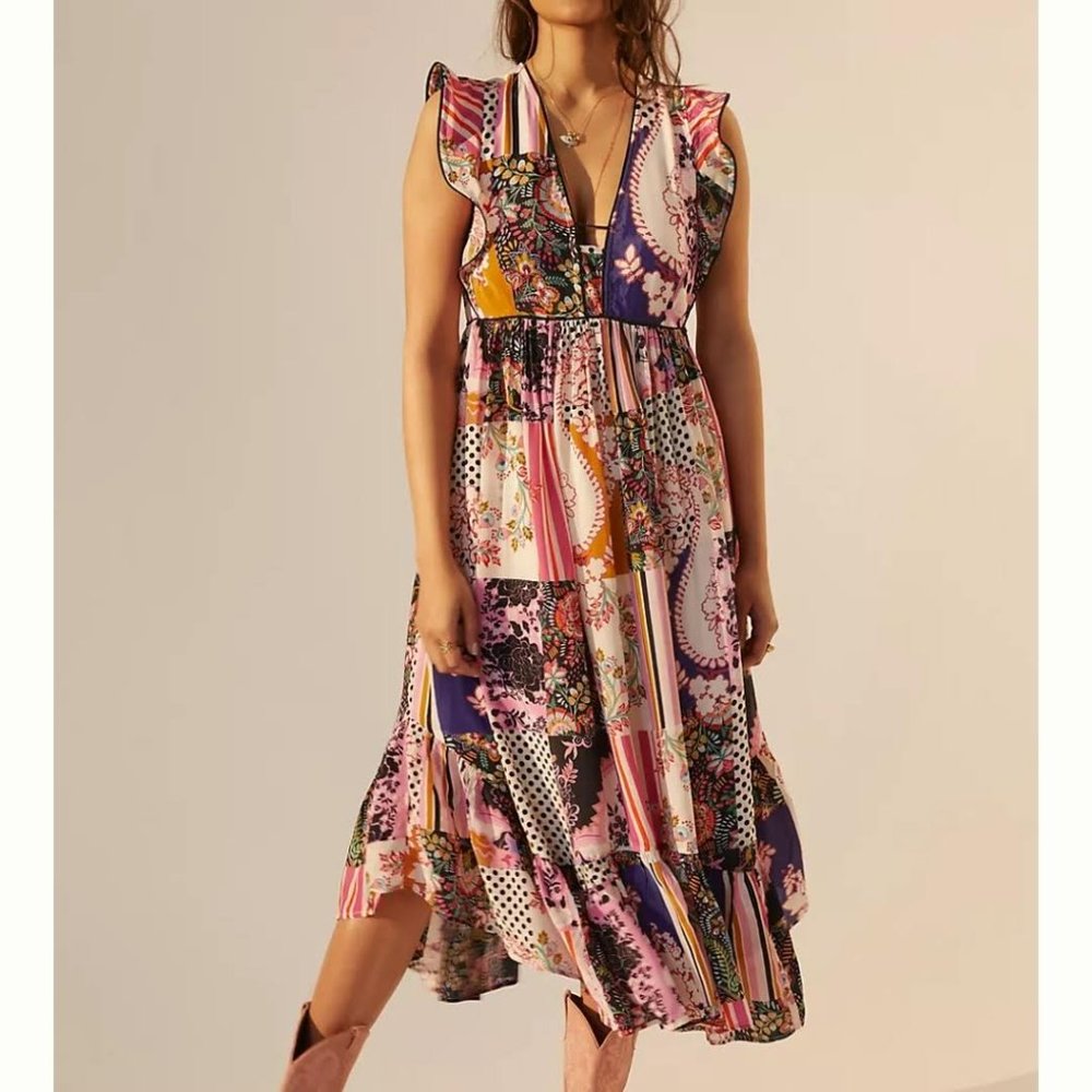 NWOT Ruffled Patchwork Midi Dress 4